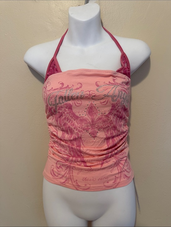 ROMWE Tops - ROMWE Pink Halter Rhinestone Graphic Tank